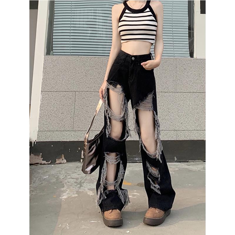 American High Street Jeans Women Button Zipper Pocket Hole Hotsweet High Waist Loose Full Length Straight Wide Leg Denim Pants