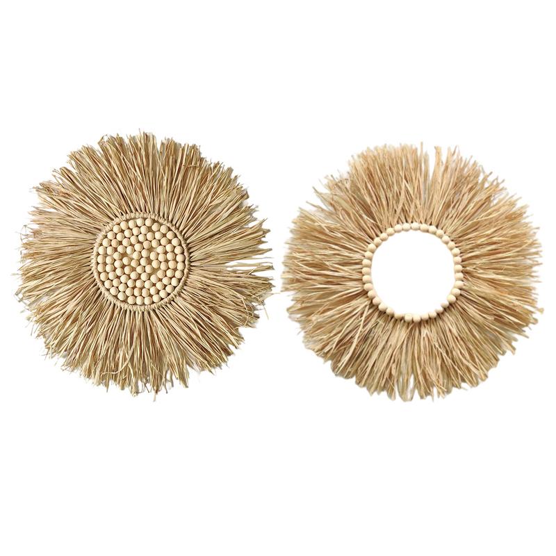 Natural Raffia Woven Bohemian Wall Decoration 40CM Round Wall Accents Handmade Scandinavian Hanging Decoration Boho Home Decor