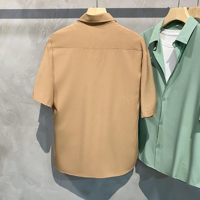 Men's Spring and Summer Lapel Solid Color Short-sleeved Loose Shirt Casual Comfortable Breathable Retro Drape Button Jacket