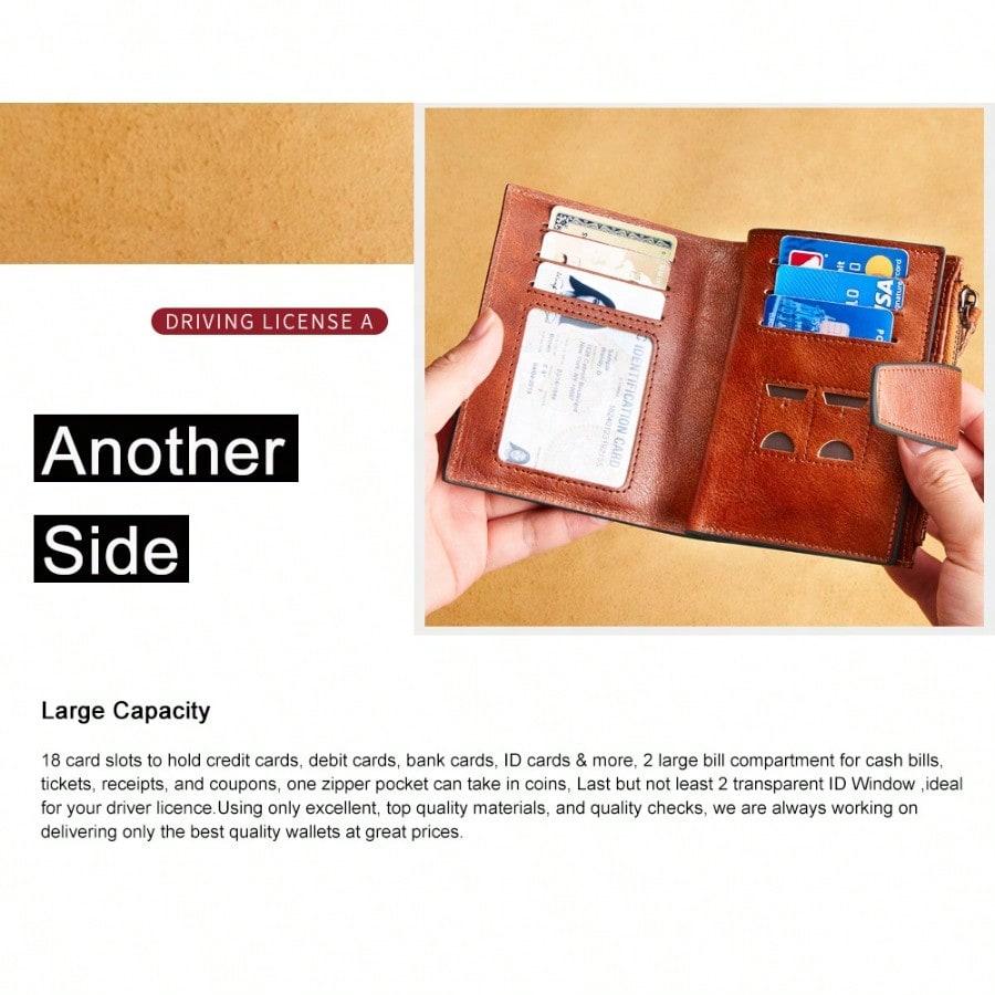 Cowhide Leather Men Short Zipper Wallet, Multi Card Slots Zippered Money Clip Purse Pocket Card Holder
