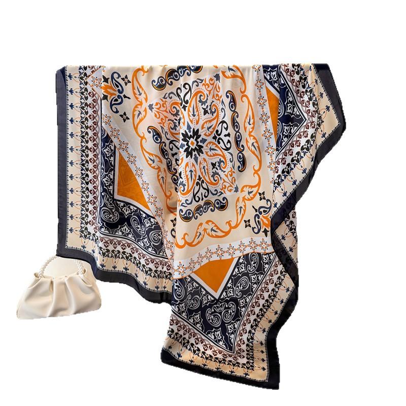 Szal z imitacji jedwabiu w stylu vintage, druk wysokiej jakości, duży, kwadratowy szal, szal jedwabny, szal na głowę, szalik ochronny na szyję, dekoracyjny szal damski
