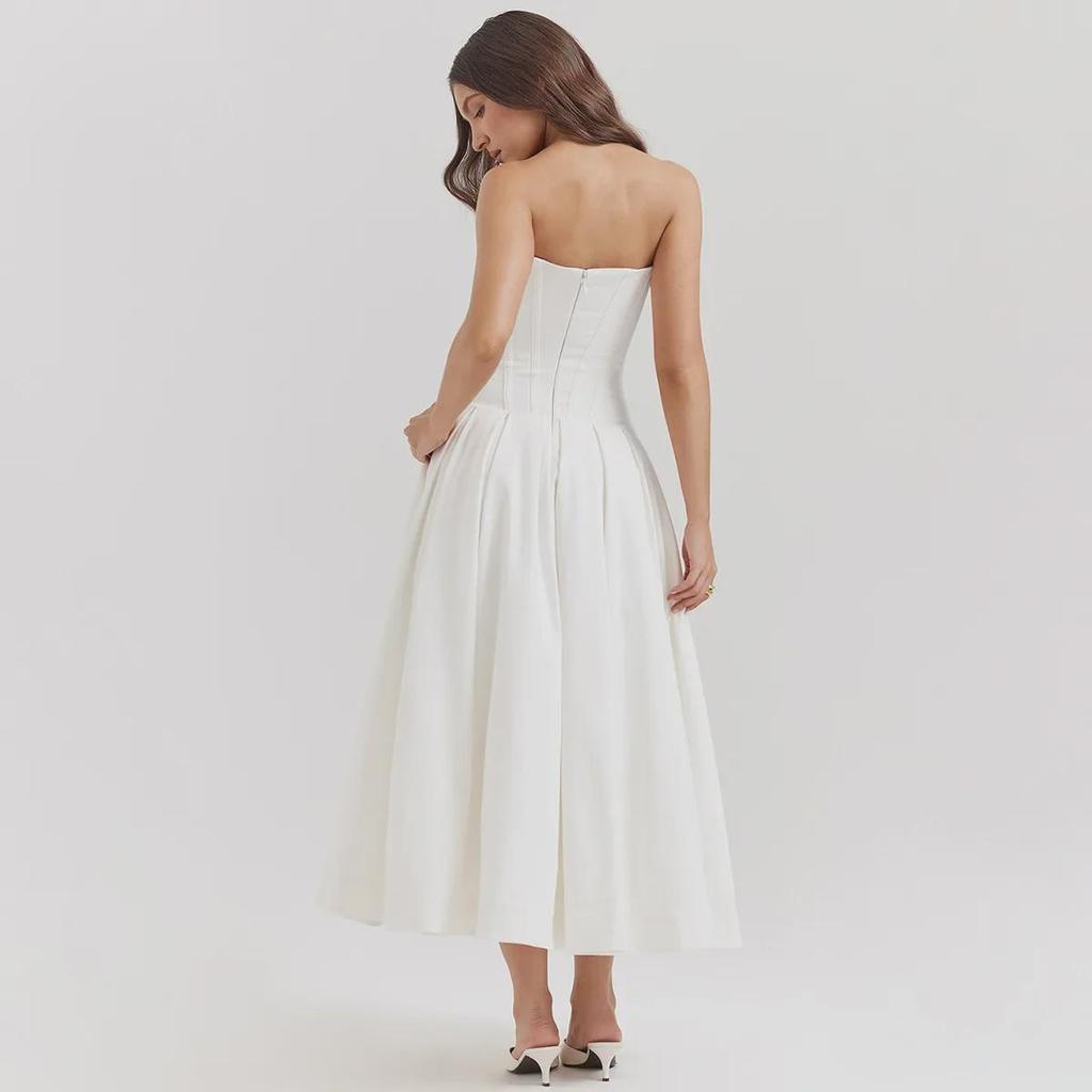 Jaro 2024 Evropský a americký styl Sexy dlouhé áčkové šaty s trubkovým topem a pasem s kosticemi ve tvaru V