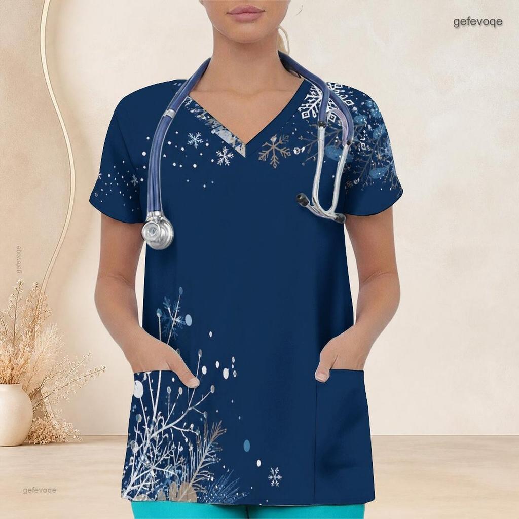 Women Plus Size Navy Blue Snowflake Printed Nurse Scrub Top V Neck Short Sleeve Front Pockets