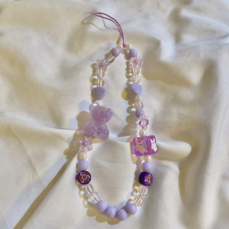 Bear Bead Phone Chain Cute Charms Keychain Wristband Strap Girl Woman Cellphone Flower Lanyard