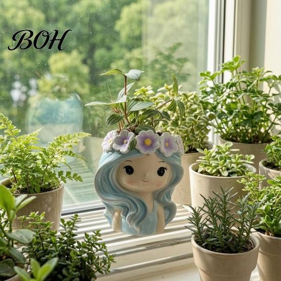Cute Girl Planter for Indoor Plants Planter, Blue Hair Garland Head Decorative Plant Pot Bedroom Resin Succulents Cacti Creative Flower Container