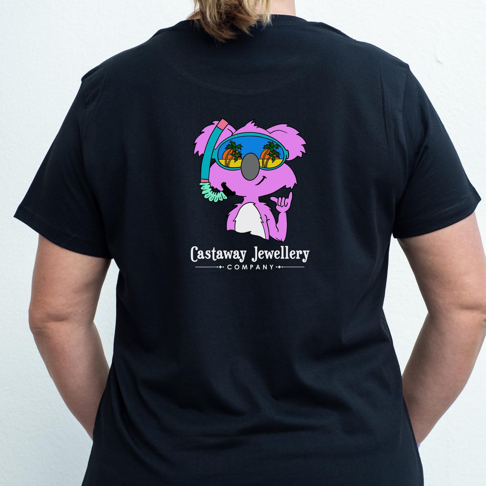 Ladies Koala Cool Tee Shirt Black - Koala Wearing A Snorkel and Mask Throwing A Shaka XL