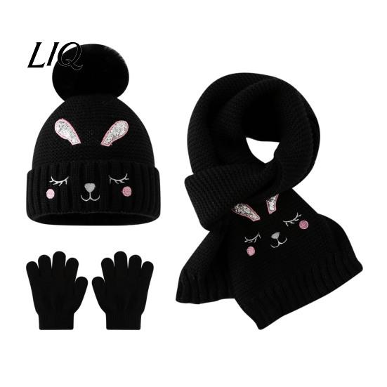 Thermal Winter Accessories for Boys Girls Hat Gloves Scarf Set Kids, Warm Knitted Pompom Hat, Cute Outings Bunny Embroidery, Cozy Ages 2 to 6 Gift