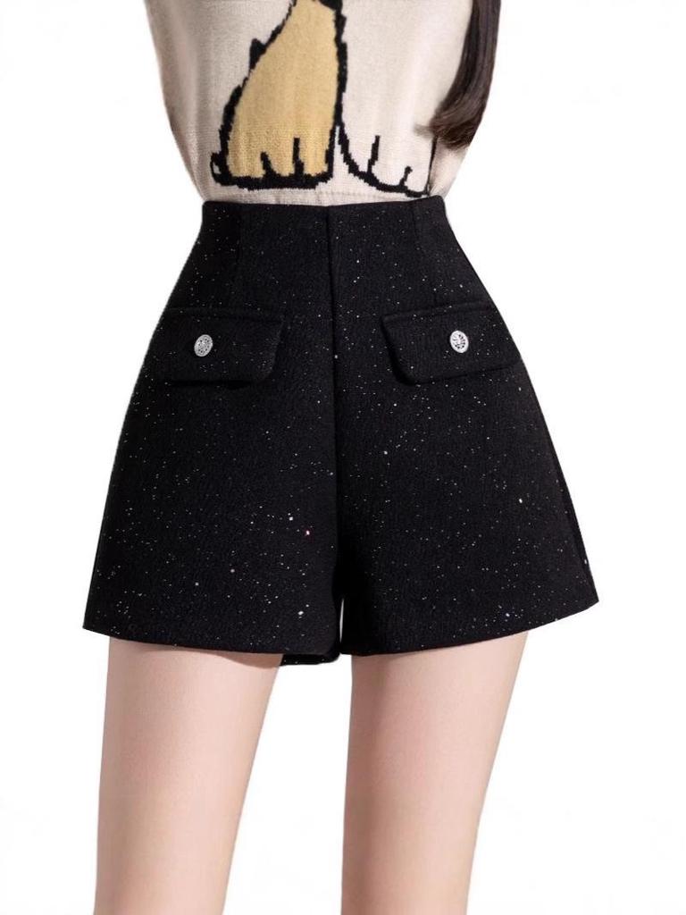 High-Waisted Black Sequin Woolen Shorts for Women - Winter 2026 A-Line Slimming Style, Perfect with Boots and Outerwear