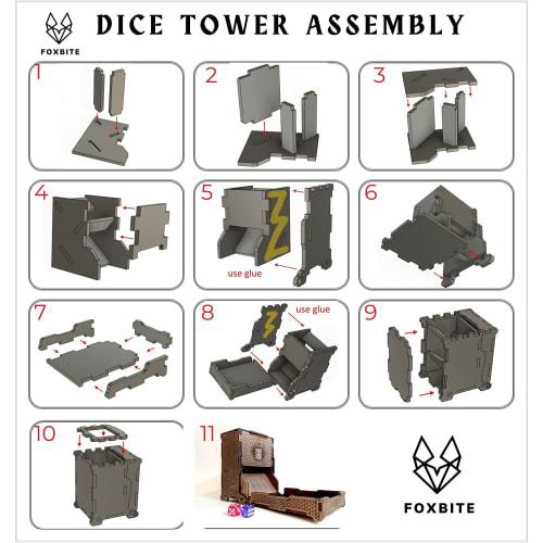 FOXBITE Dungeons and Dragons Dice Tower - Wooden Laser-Etched DND Dice Scroll with Portable Folding Tray