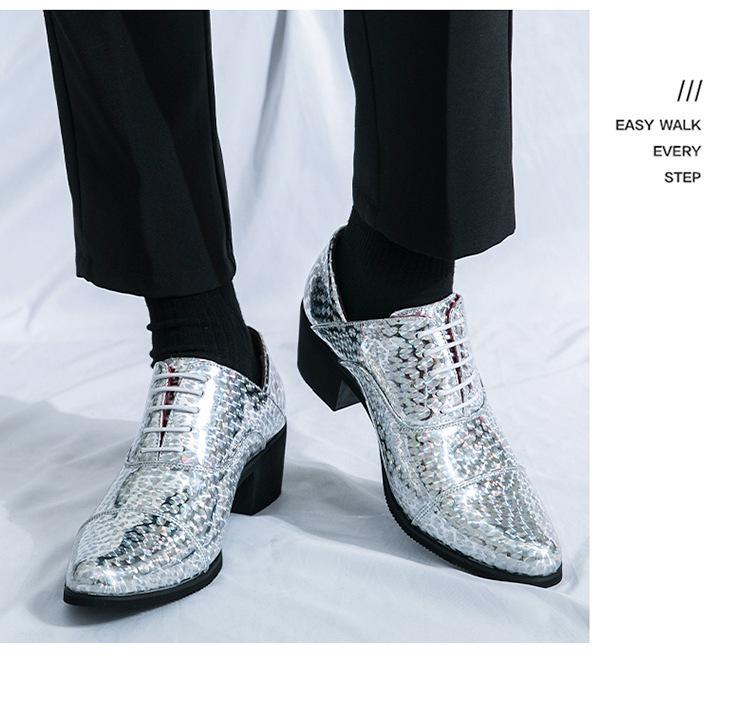 Men's Glossy Leather High Heel Shoes, Large Size, 6cm Height Increase, Trendy Nightclub Style for Spring and Autumn
