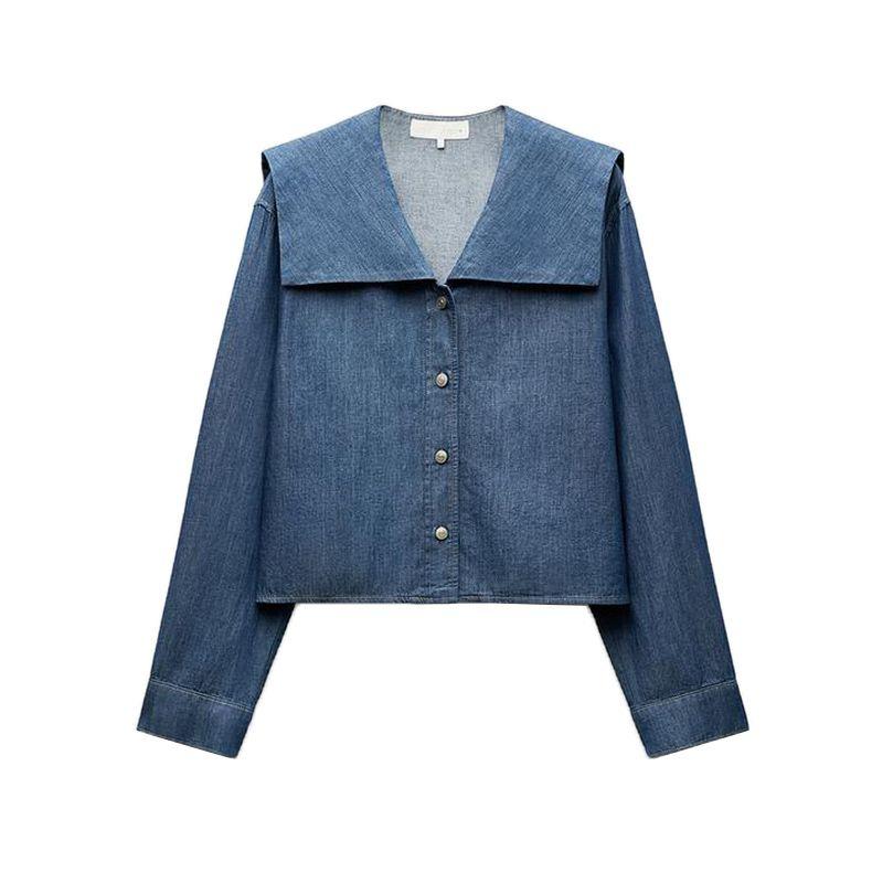 

25 Spring New Women s Clothing French Retro Denim Effect Cotton Flat Lapel Long Sleeve Shirt 6929061 Blue L
