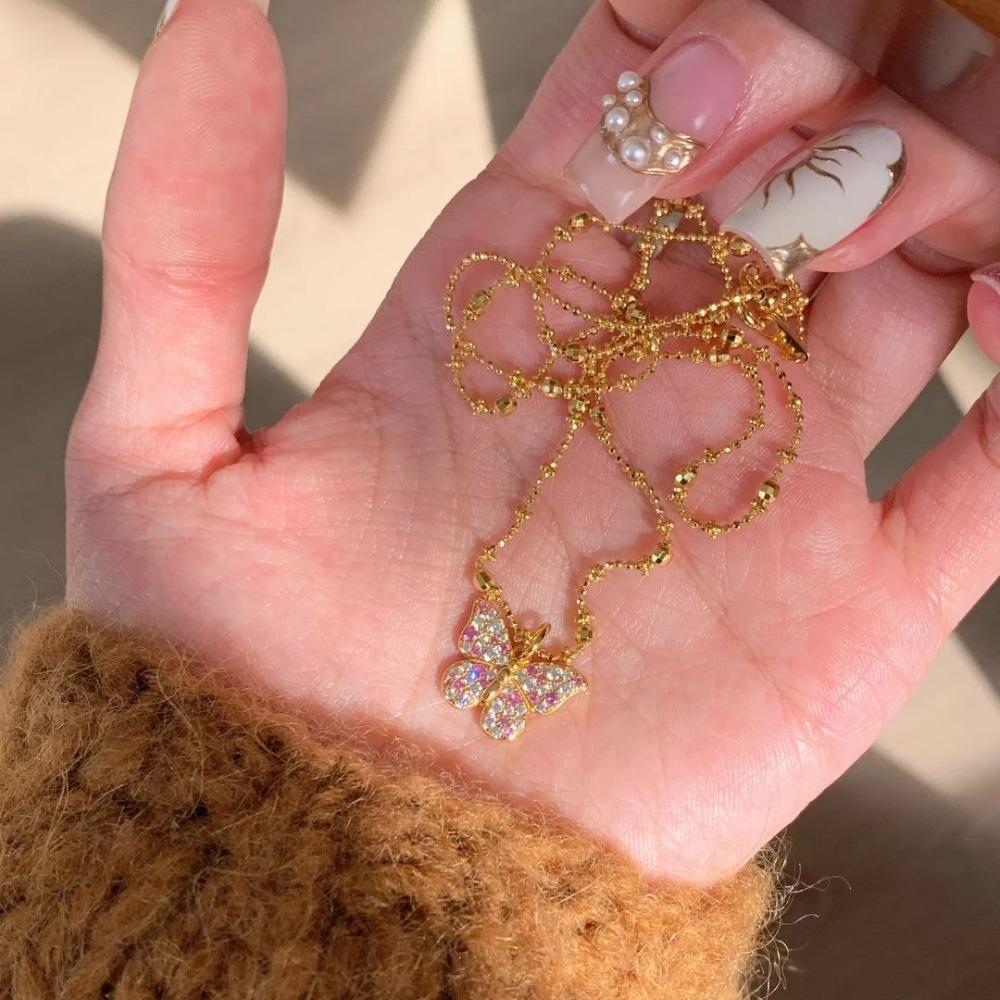 Luxury Butterfly Pendant Necklace with Pink Sapphire and Diamond French Vintage Jewelry for Women