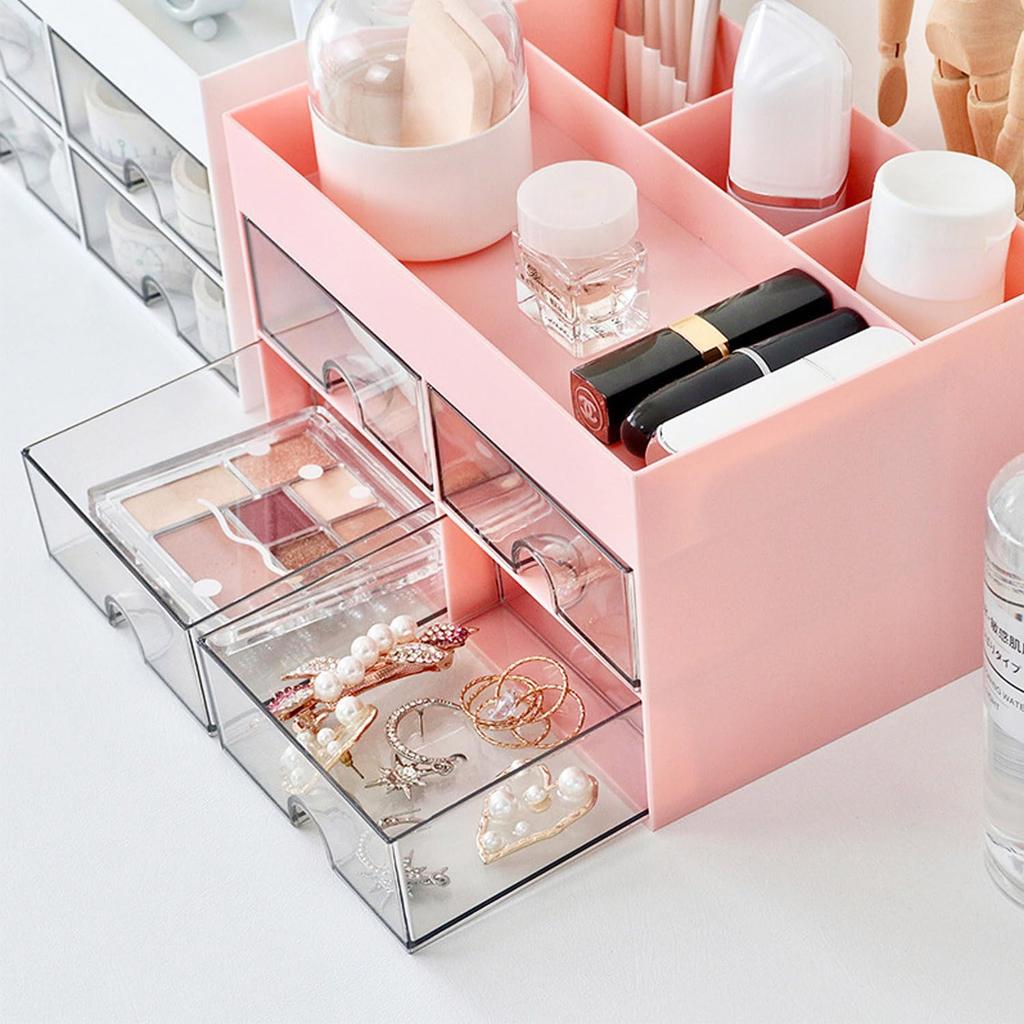 Suport roz pentru pixuri pentru masă, organizează, cutie mică și convenabilă de depozitare pentru uz la birou și acasă, birou cu 4 sertare, depozitare, multifuncțional, articole,