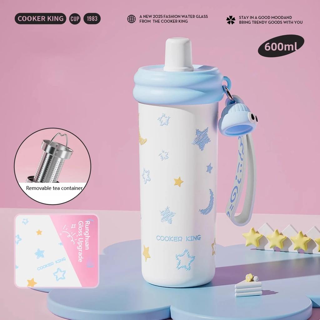 COOKER KING 600ml Insulated Cup with Tea Strainer Straw Thermos Cup Stainless Steel Vacuum Flask Girls Students Hot & Cold Flask