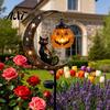 Jack-o-lantern Solar Lights Halloween Garden Stake Light, Soft Warm Jack-o-Lantern, Moon Cat Amber Silhouette Outdoor Pathway Decor, Waterproof Metal