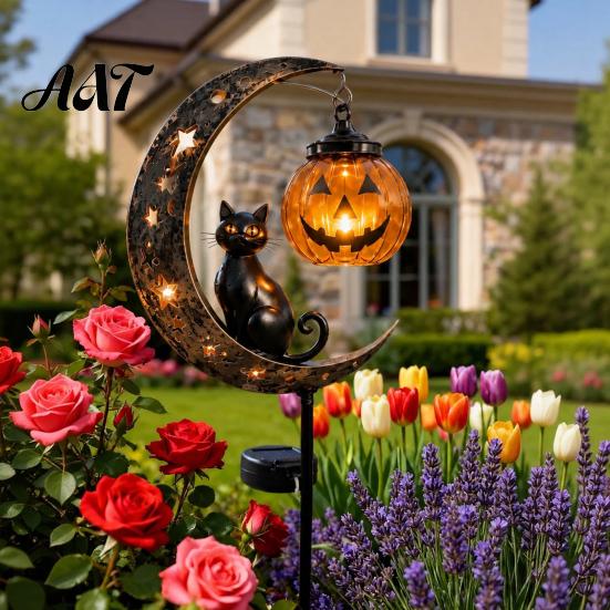 Jack-o-lantern Solar Lights Halloween Garden Stake Light, Soft Warm Jack-o-Lantern, Moon Cat Amber Silhouette Outdoor Pathway Decor, Waterproof Metal