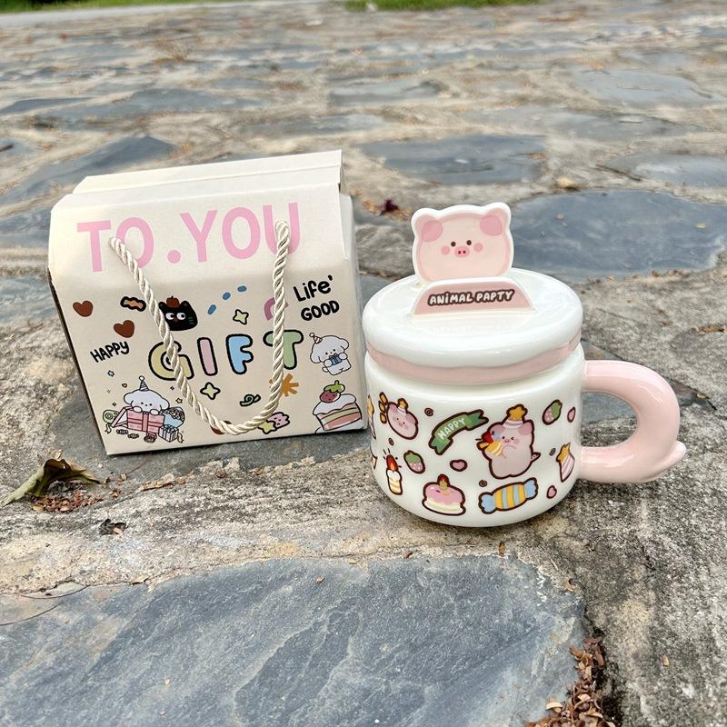 Mobile Phone Holder Mug With Lid Cartoon Animal Water Cup Gift Box Cute High-Value Household Drinking Water Ceramic Cup