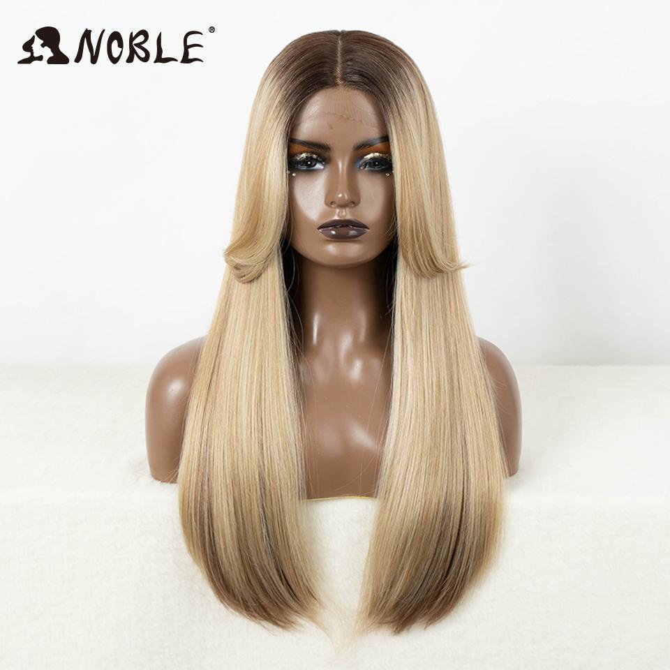 Noble Cosplay Synthetic Lace Front Wigs For Women Ombre Brown With Bangs 24 Inch Straight Lace Wig Highlight Glueless Lace Wig