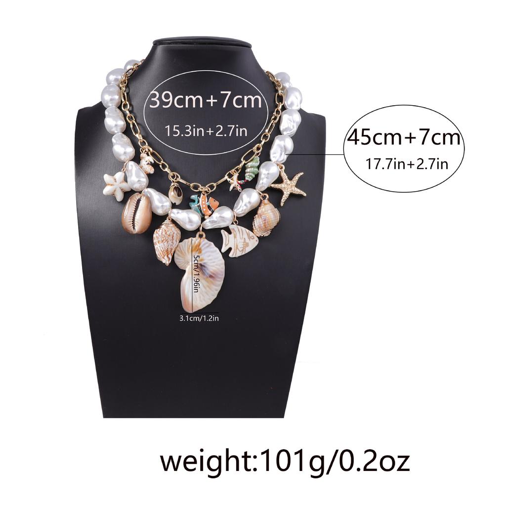 Trendy personality Baroque imitation pearl ceramic alloy conch shell and other pendants double stacked women's necklace