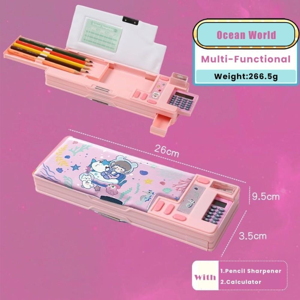 Double Layer Pencil Case With Calculator Pencil Sharpener Stationery Storage Box Plastic Astronaut/Animal Design