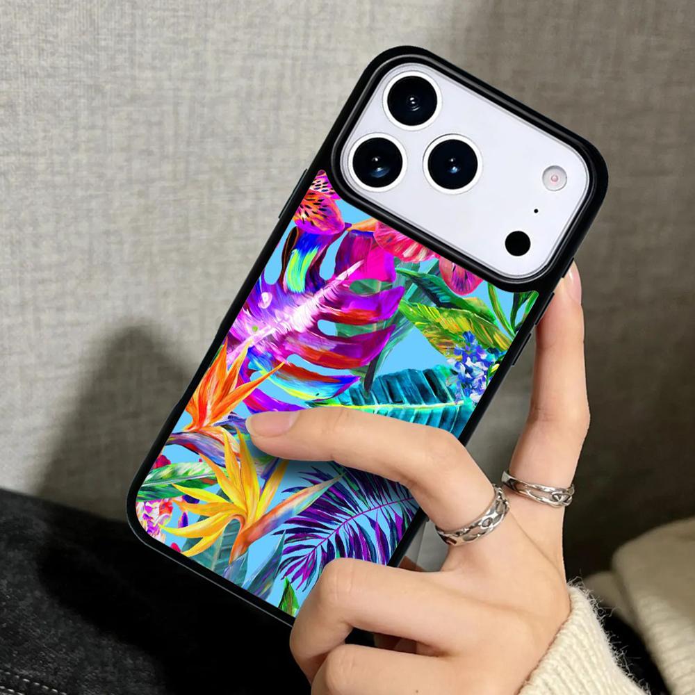 Capa Hülle für iPhone 17 Air 16 Pro Max 15 Plus 11 13 Mini 14 12 Rückseite Handyhülle Retro Tropische Blumen