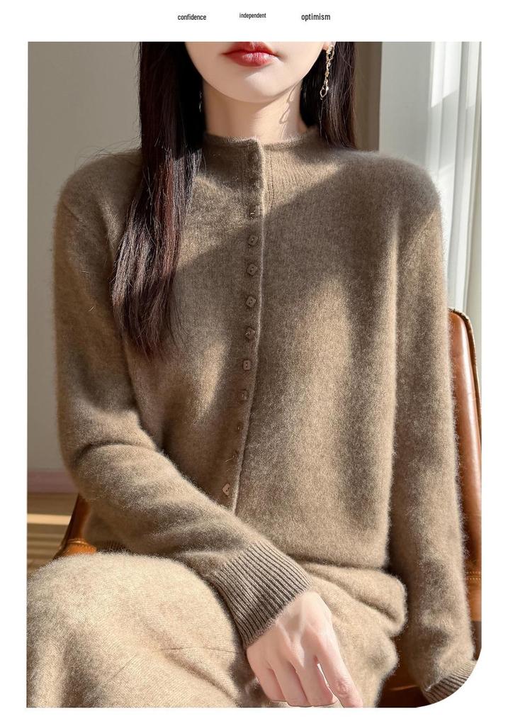 Retro 100% Wool Button-Up Cardigan - Elegant Design for Autumn and Winter