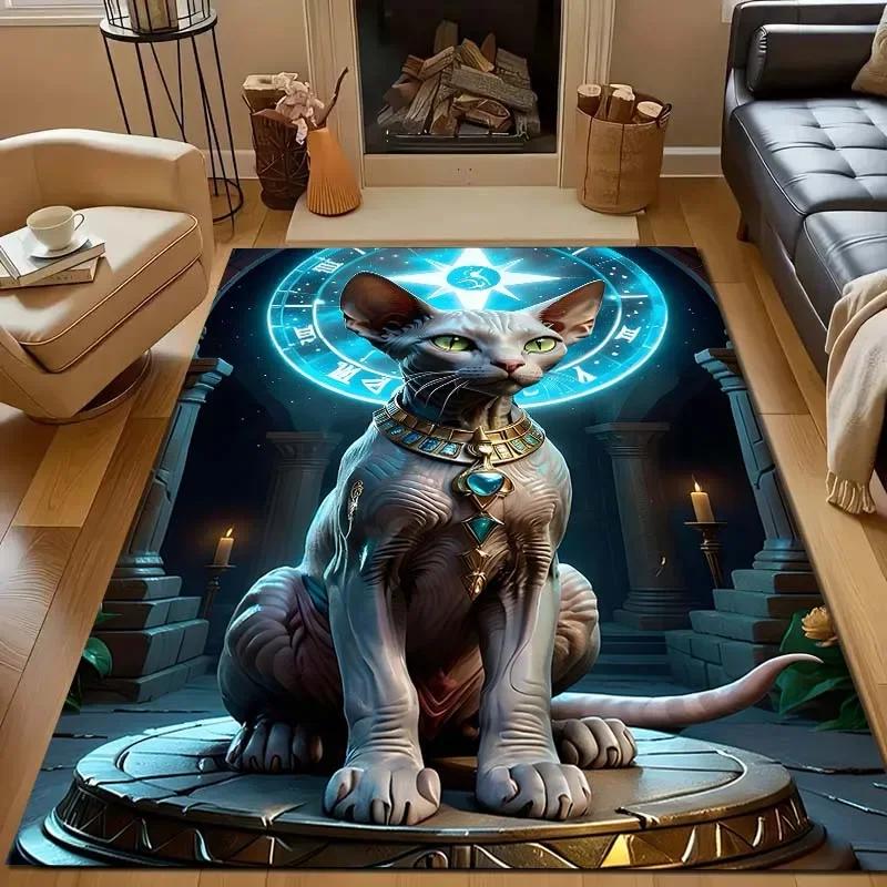 New Shelves! Egyptian Mythology Black Cat Carpet, Living Room Bedroom Office Children's Room Rugs, Non-slip Machine Washable Mat