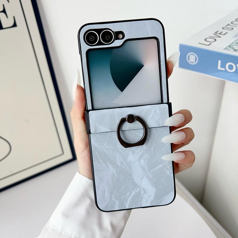 Vintage Marble Texture 2pcs Folding Case For Samsung Galaxy Z Flip6 Flip5 Flip4 Flip3 Solid Color Slim Shockproof Hard PC Ring Holder Phone Cover