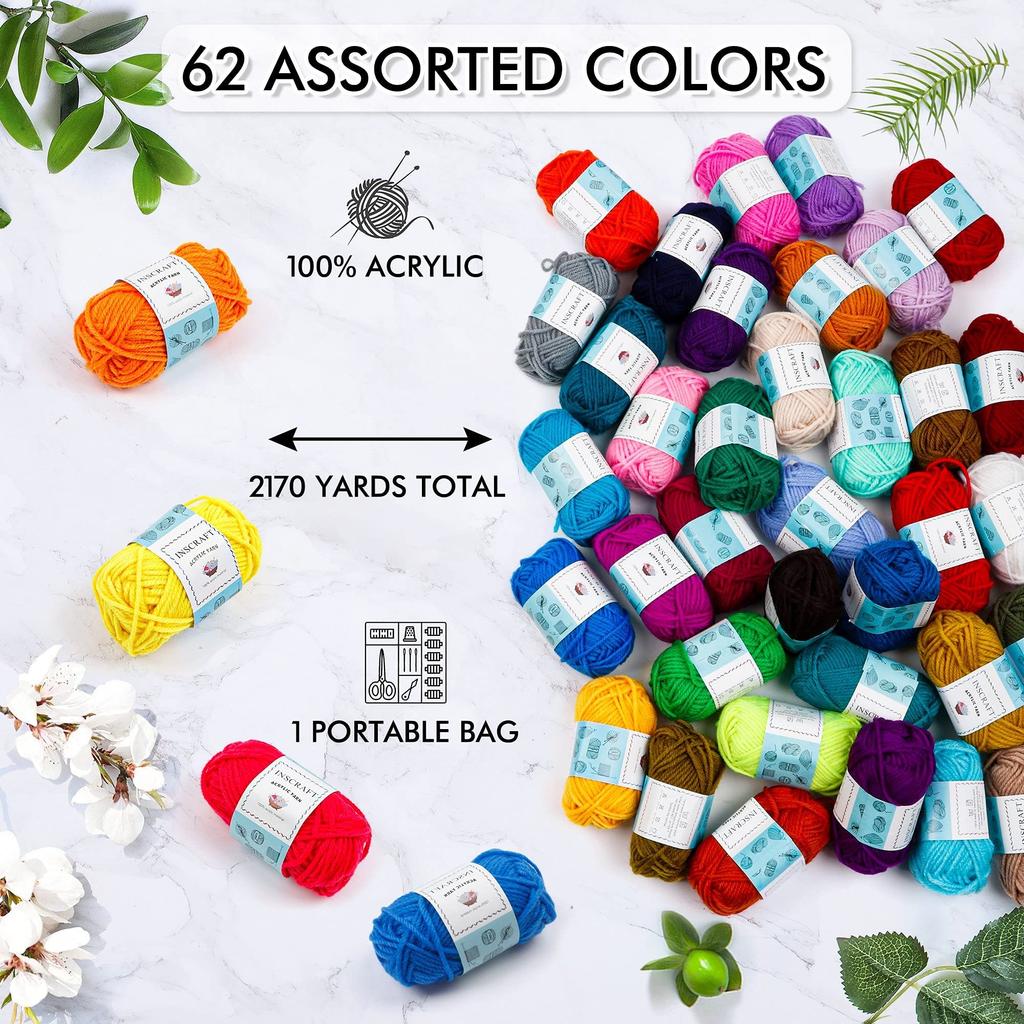 Inscraft Acrylic 62 Crochet 17g per Includes Crochet Darning and Row Soft Scrubbing Knitting Case Day Gift Yarn, Colors, Yarn, Ball, Hooks, Needles,