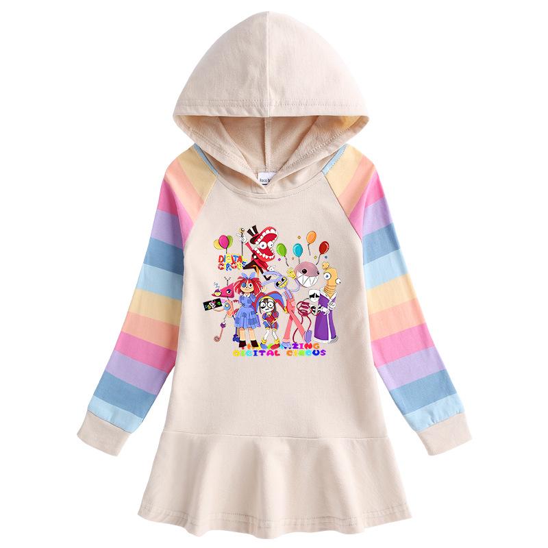 2026 Spring/Autumn Ruffle Rainbow Cartoon Girls' Long Sleeve Hooded Sweatshirt Dress