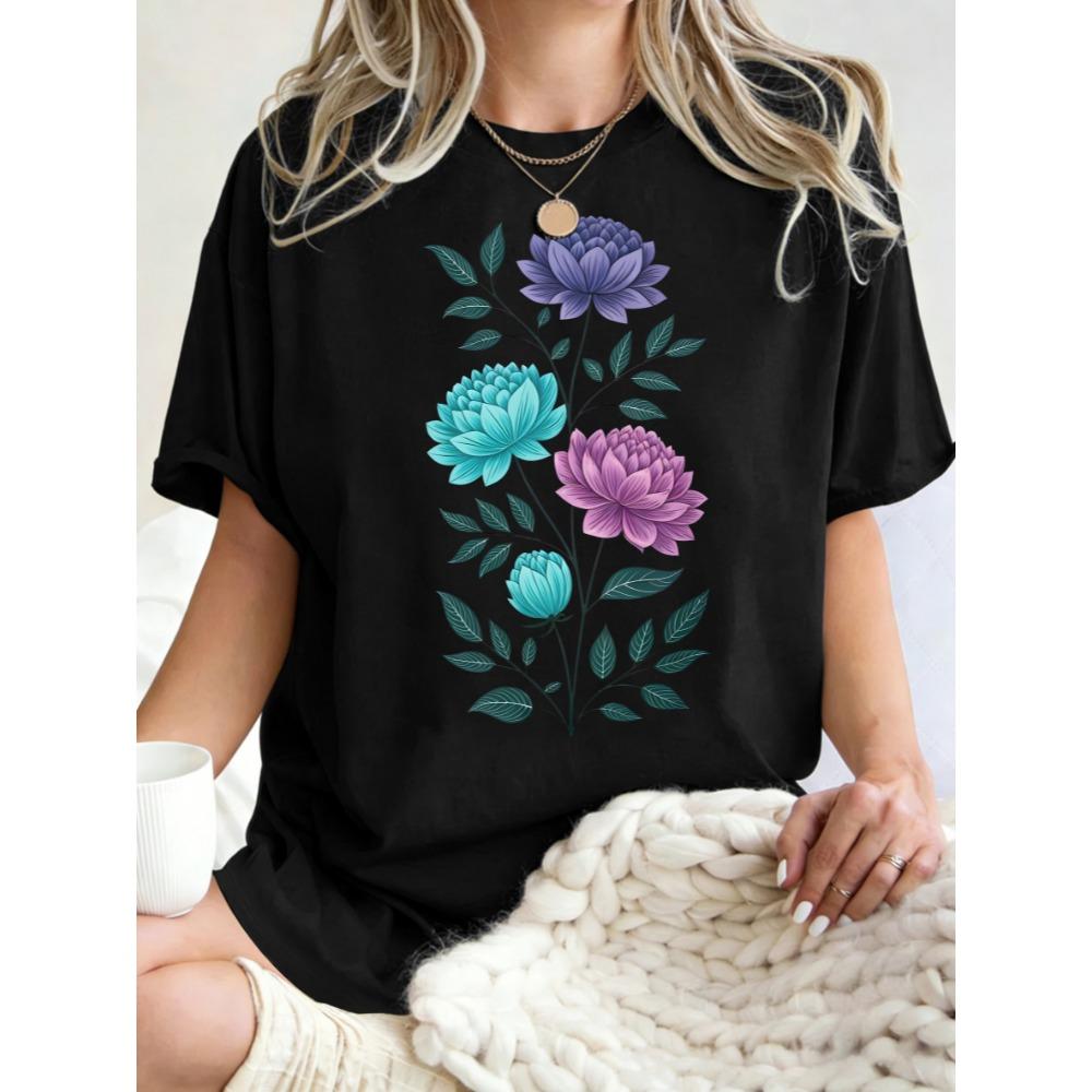 Aesthetic Flowers Branches Design Women T Shirt Oversized Casual Crewneck Top Cotton T-Shirt Breathable Y2K Clothing