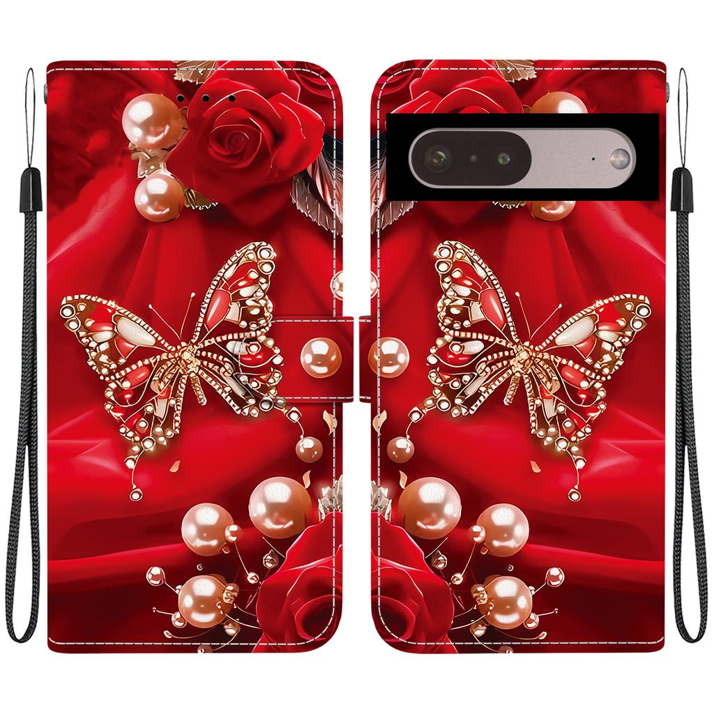 Handmade PU Leather Flip Case for Google Pixel 7 Pro Anti-Slip Shockproof Cover with Wrist Strap & Heart/Rose Cat Designs