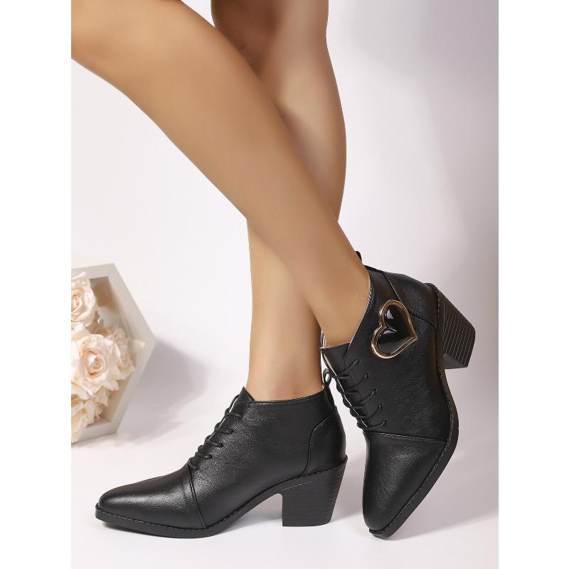 Vintage Lace-up Love Decoration High Heeled Shoes Women's 2025 Fall New Plus-size Professional Low-top Shoes