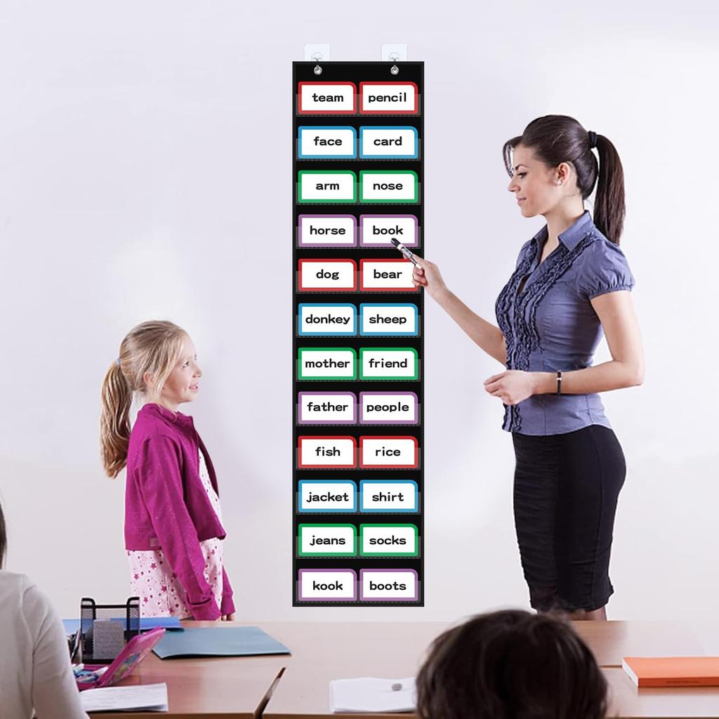 10”W x 48.25”H Classroom Words Pocket Chart with 12 Clear Pockets, Black Standard Pocket Chart for Classroom and Home for Sentence Strips, Reble