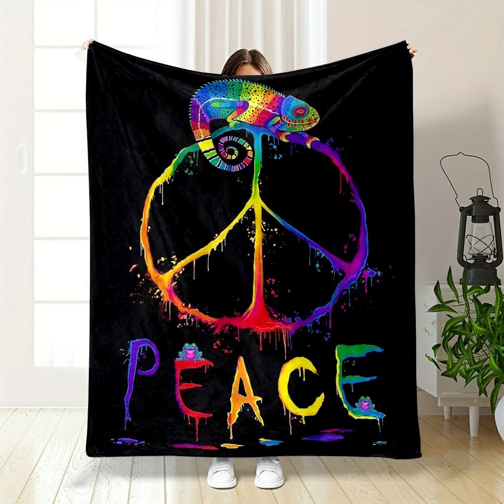 Colorful Chameleon with Peace Symbol Art - Flannel blanket for bedroom, living room, sofa, and nap sofas