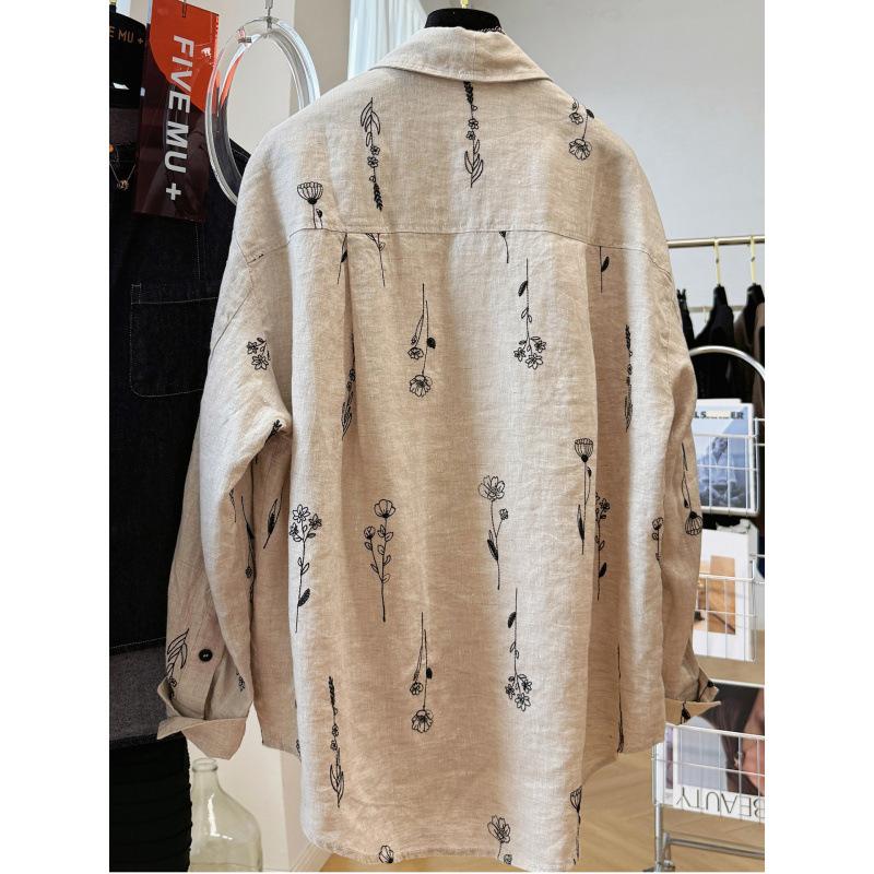 Cotton and Linen Heavy Industry Embroidered Long-sleeved Sunscreen Shirt Women's Spring Thin Loose Temperament Top
