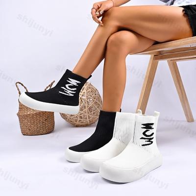 Fashion Versatile High Top Thick Soled Elastic Socks Boots for Women , Autumn Mesh Breathable Comforatble Chunky Short Boots