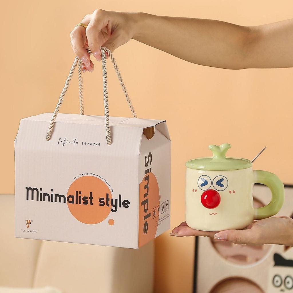 Niedliche Cartoon Keramik Wasserbecher Paar Tassen mit Deckel Lustige Ausdruck Tassen Praktische Geschenkbecher für Mädchen