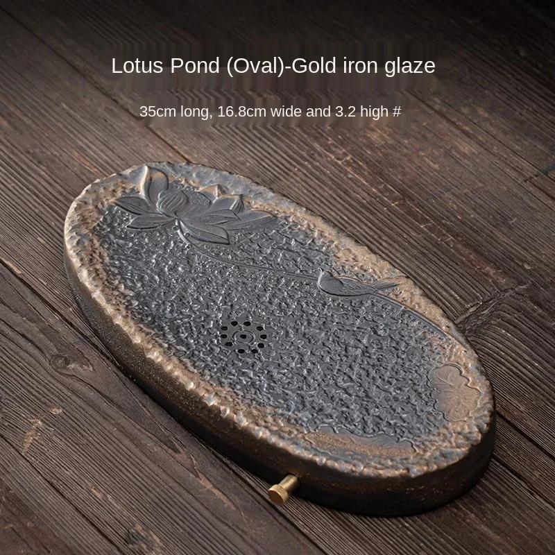 

Japanese Style Coarse Pottery Gilding Iron Glaze Tea Tray Ceramic Double-Layer Drainage Dual-Use Dry Pour Saucer Tea Table