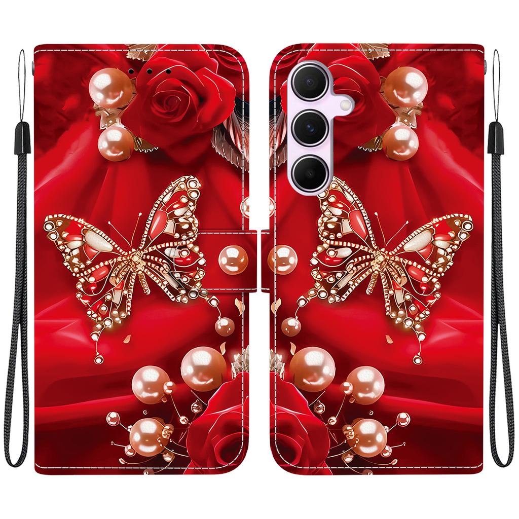 Handmade PU Leather Flip Case for Samsung Galaxy A55 (A556V/A556B/A556E)- Anti-Slip Shockproof Cover with Wrist Strap & Heart/Rose Cat Designs