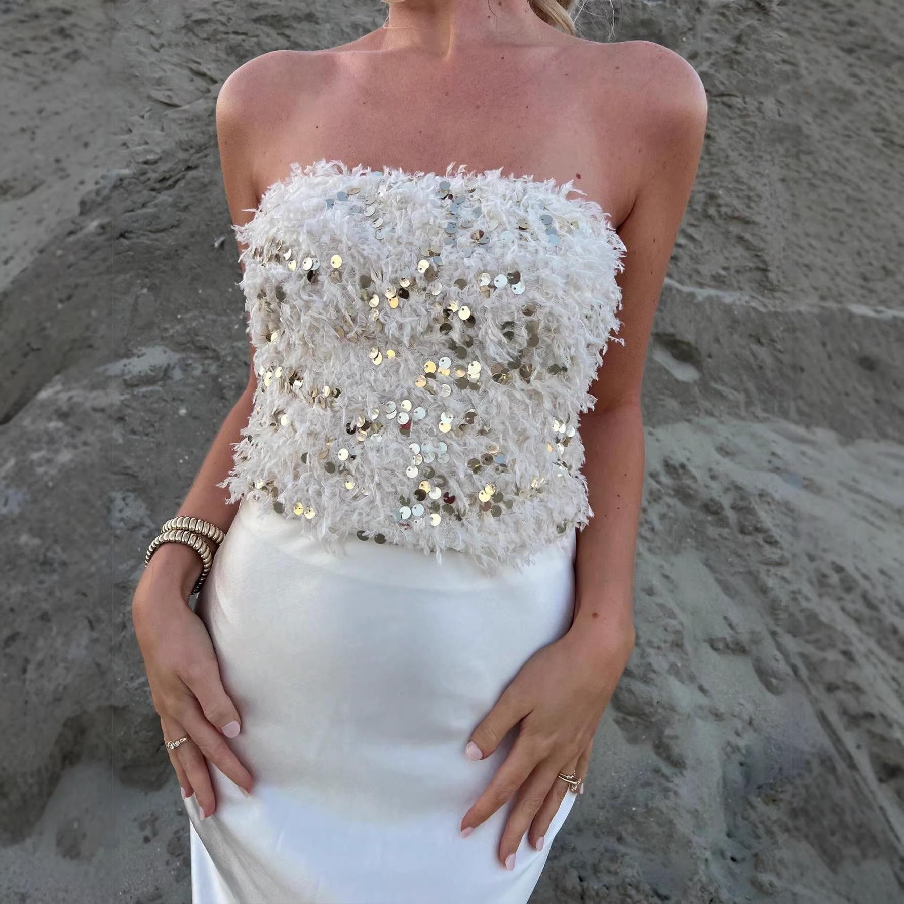 Feather Sequin Strapless Bandeau - Summer Party & Festival Top S абрикосовый