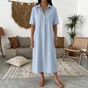 Spring Summer Linen Short Sleeve Polo Collar Straight Casual Dress, Comfortable Loose Dress for Women, Leisure