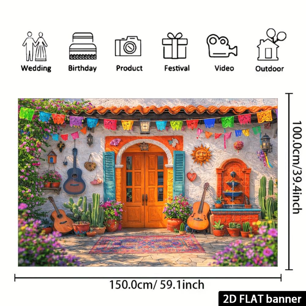 Tissu de fond Thème Cour Mexicaine Ensoleillée 2D - Décoration multifonctionnelle, adaptée aux maisons et aux bureaux