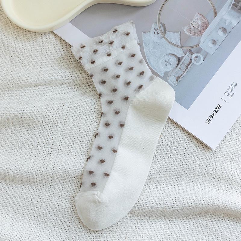 Love Heart Crystal Mid-Calf Glass Stockings with Cotton Sole and Lace - Japanese Style JK Women's Summer Socks.