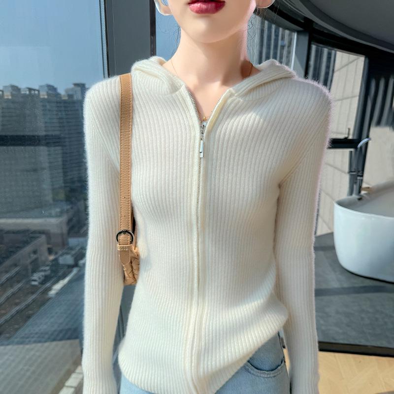 Women's Slim Fit Cashmere Wool Hooded Cardigan - 100% Pure Wool, Zippered, Autumn/Winter Knit Sweater Coat