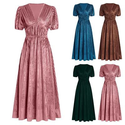 Women's Solid Color Short Sleeve Sexy Velvet V-Neck Evening Gown High Waist Dress