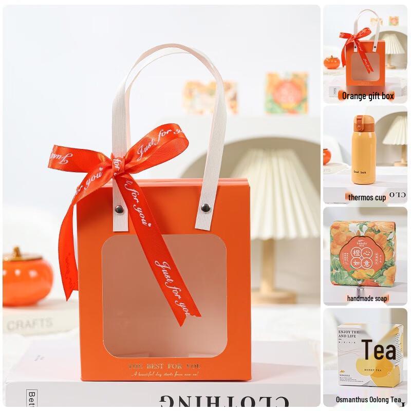 Orange Insulated Mug Gift Set Package 26: Thermos, Tea Bags & Soap