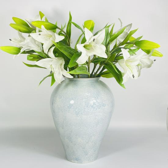 Celadon Cloud Glaze Ceramic Vase with Silk Daisy Flowers for Wedding Decorations