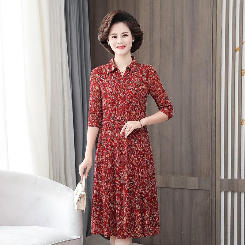 New Mother Suit Summer 7-quarter Sleeve Floral Dress Shirt Collar Mid-length Large Size Middle-aged Women's Clothing