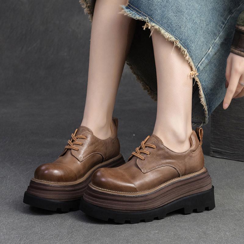 Johnature Zapatos de plataforma plana con suela gruesa y elevación retro, zapatos de mujer de moda versátiles con cordones y punta redonda